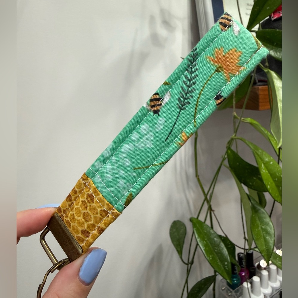 Handmade Keychain Wristlet with floral and bee pattern